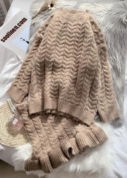 New autumn and winter retro mahogany Khaki sweater women's suit skirt two piece set - SooLinen