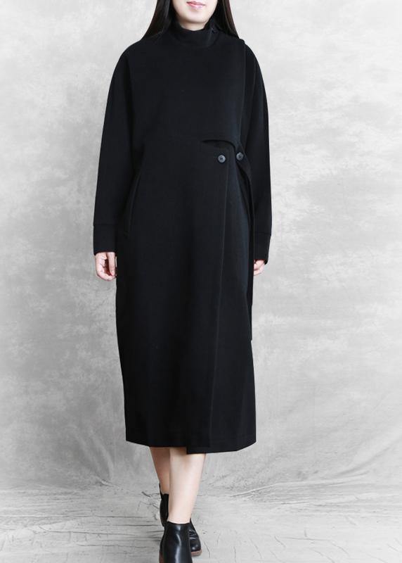 New black Coat Women casual stand collar asymmetric long coat woolen outwear - SooLinen