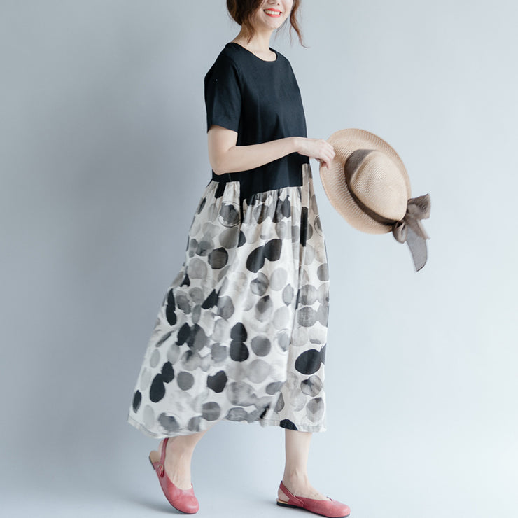 New black cotton linen dresses plus size clothing short sleeve print patchwork elegant o neck gown