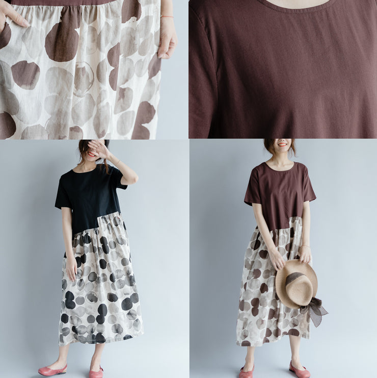 New black cotton linen dresses plus size clothing short sleeve print patchwork elegant o neck gown