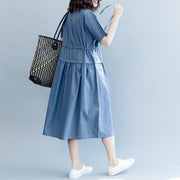 New blue cotton dresses oversize o neck drawstring caftans Fine short sleeve baggy dresses