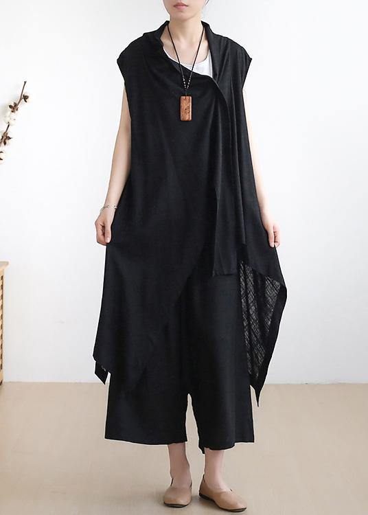 New casual ladies black vest with cotton wide-leg pants two-piece suit - SooLinen