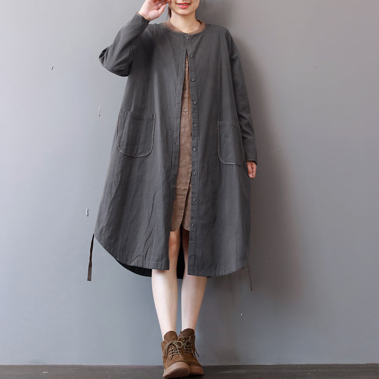 Neues graues Baumwollkleid plus Größe Stehkragen-Baumwoll-Maxikleid Elegantes Langarm-Herbst-Hemdkleid