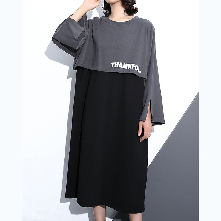 Neues graues Herbstkleid trendy plus Größe O-Ausschnitt Baumwollkleidung Kleider Elegante zweiteilige Maxikleider aus Kunstleder