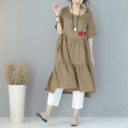 New khaki natural linen dress trendy plus size embroidery linen clothing dress 2018short sleeve caftans