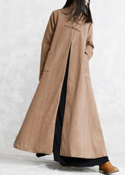 New khaki wool overcoat plus size stand collar Chinese Button long jackets outwear - SooLinen