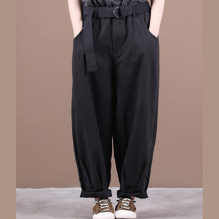 New loose large size literary belt pure black casual pants women - SooLinen