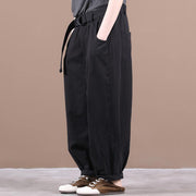 New loose large size literary belt pure black casual pants women - SooLinen