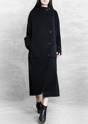 New plus size long winter coat black pockets Button Down Woolen Coats Women - SooLinen
