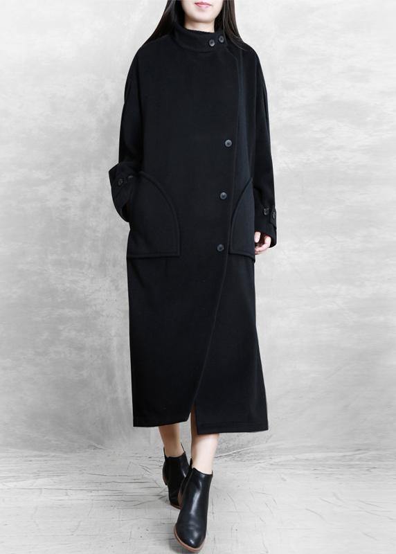 New plus size long winter coat black pockets Button Down Woolen Coats Women - SooLinen