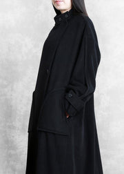 New plus size long winter coat black pockets Button Down Woolen Coats Women - SooLinen