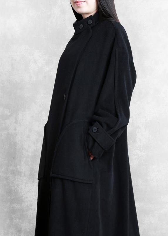 New plus size long winter coat black pockets Button Down Woolen Coats Women - SooLinen
