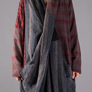 New red Plaid oversize v neck patchwork linen clothing dress women pockets asymmetrical design caftans