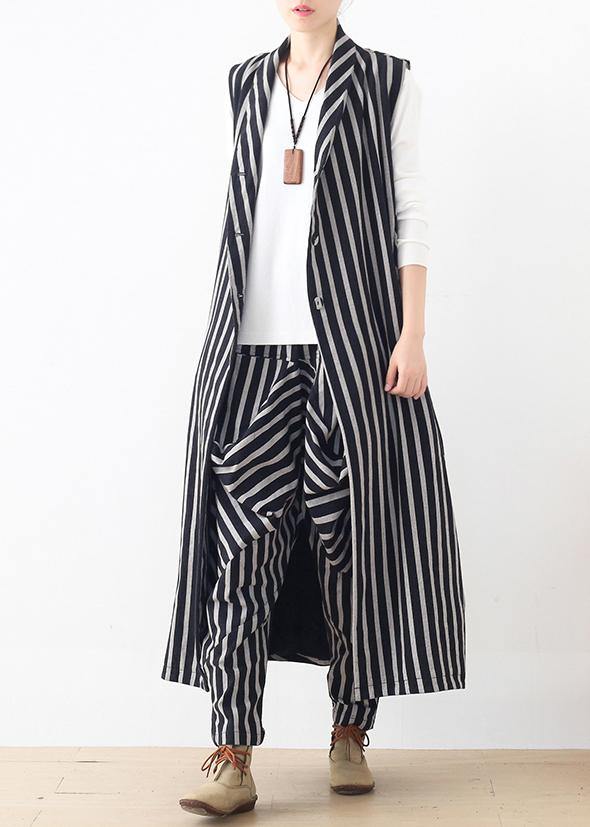 New style beige loose casual mid-length striped waistcoat elastic waist  breeches suit - SooLinen