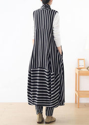 New style beige loose casual mid-length striped waistcoat elastic waist  breeches suit - SooLinen