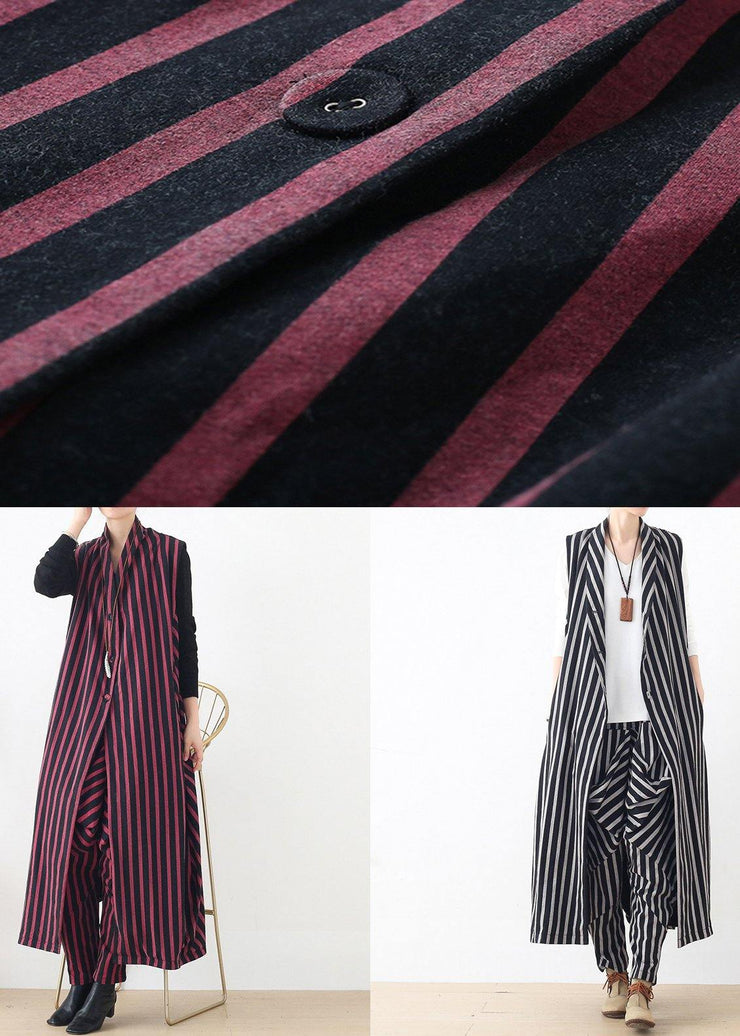 New style beige loose casual mid-length striped waistcoat elastic waist  breeches suit - SooLinen