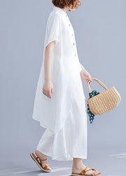 New suit retro silk hemp white irregular short-sleeved shirt + elastic waist strap wide-leg pants - SooLinen