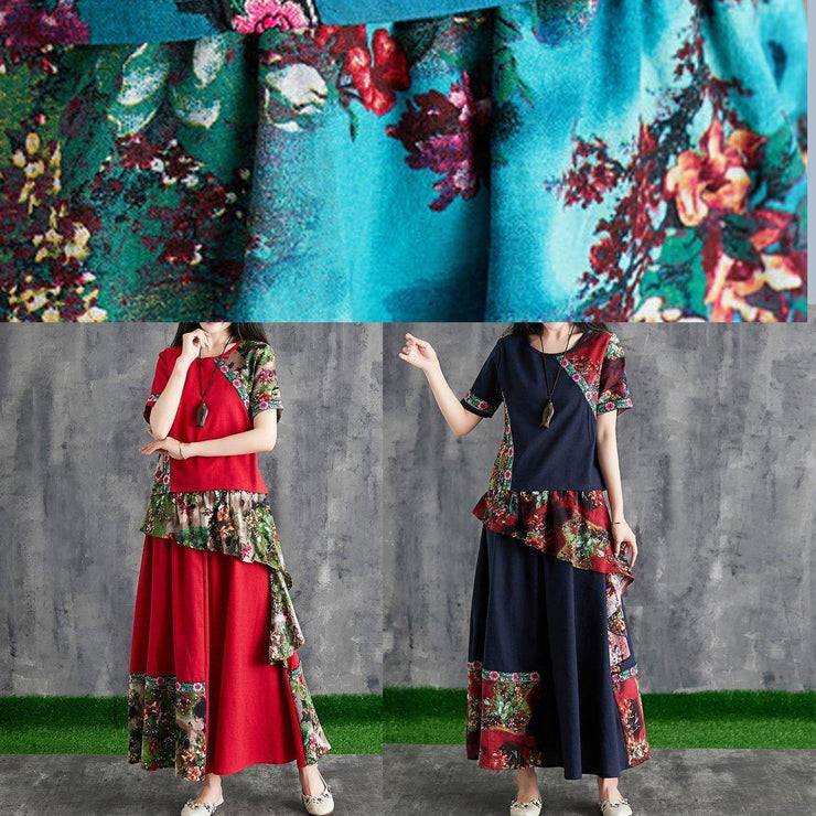 New summer cotton and linen contrast color mosaic blue print small fresh ethnic wind  two-piece - SooLinen