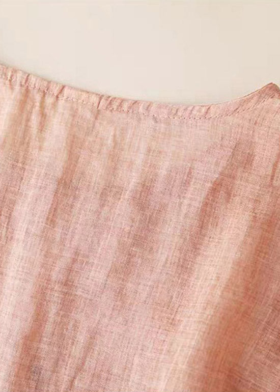 Pink Summer Cotton Dress Side Open Drawstring Short Sleeve