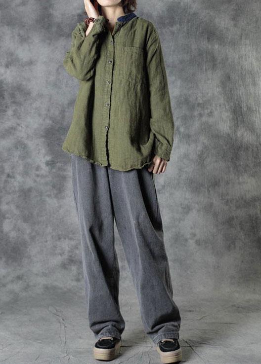 Organic Army Green Retro Pockets Fall Long Sleeve Top - SooLinen