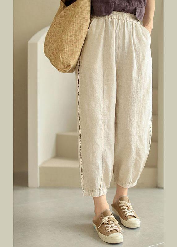 Organic Beige Retro Hollow Out Pockets Fall Pants - SooLinen