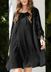 Organic Black Cinched Chiffon O-Neck Hollow Out Summer Party Dress - SooLinen
