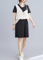 Organic Black Patchwork Beige Summer Chiffon Dress - SooLinen