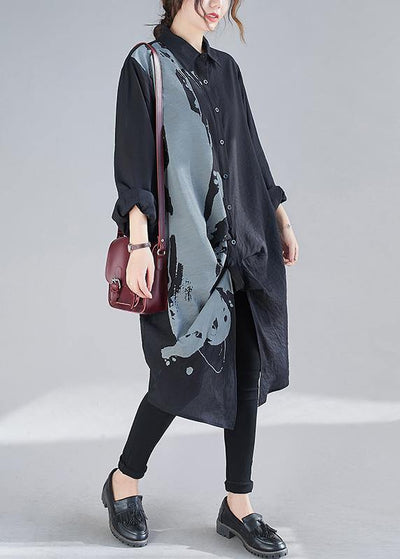Organic Black Print Dresses Lapel Patchwork Loose Spring Dress - SooLinen