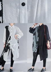 Organic Black Print Dresses Lapel Patchwork Loose Spring Dress - SooLinen