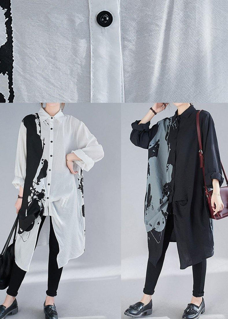 Organic Black Print Dresses Lapel Patchwork Loose Spring Dress - SooLinen