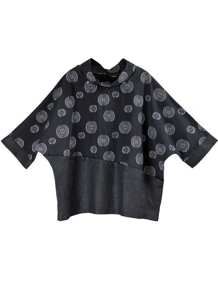Organic Black Print Patchwork Cotton Linen Summer Shirt - SooLinen
