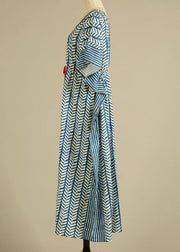 Organic Blue Floral V Neck kimono robe Cotton Dress - SooLinen