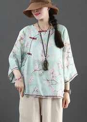 Organic Blue Print Linen Half Sleeve Top Summer - SooLinen