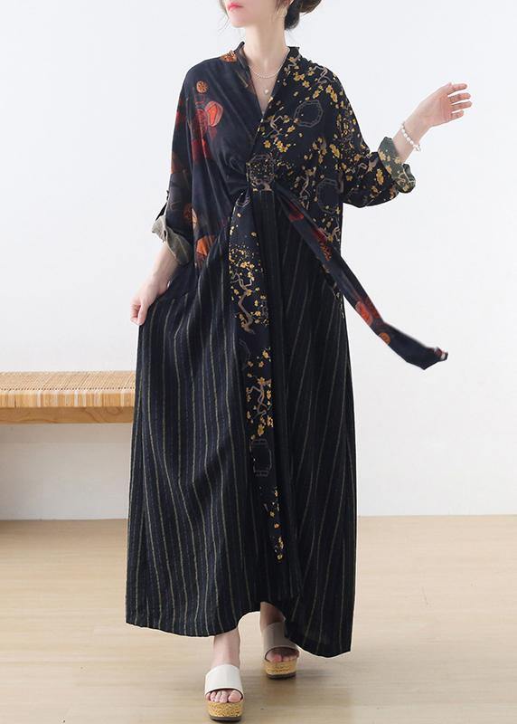 Organic Blue Print Patchwork Cotton Linen Long Dresses Summer - SooLinen