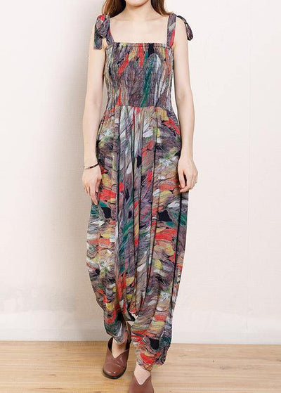 Organic Cotton Sleeveless Fun Vintage Cotton Print Drawstring Loose Jumpsuit - SooLinen