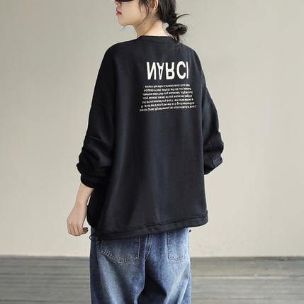 Organic Drawstring cotton Alphabet Prints Top Silhouette Sleeve Black Sweatshirt - SooLinen