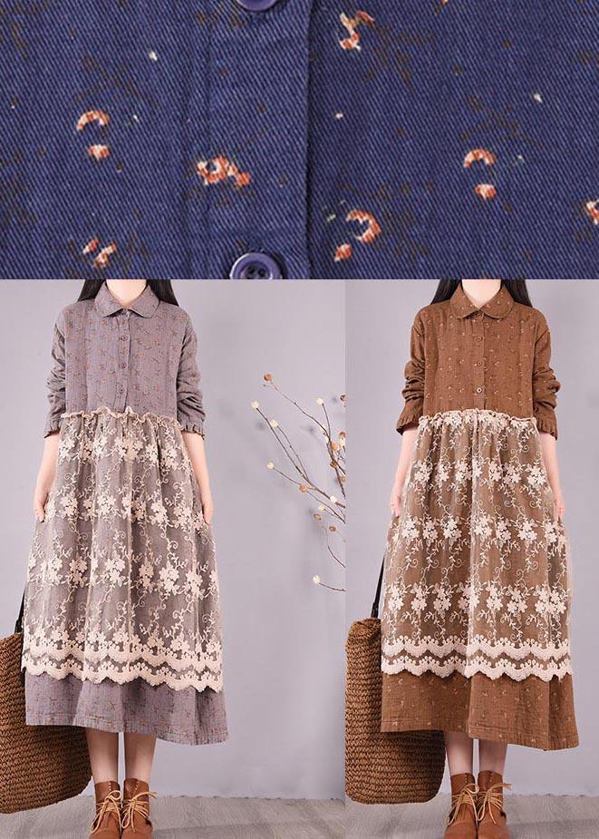 Organic Gray Print Wardrobes Patchwork Lace Long Spring Dresses - SooLinen
