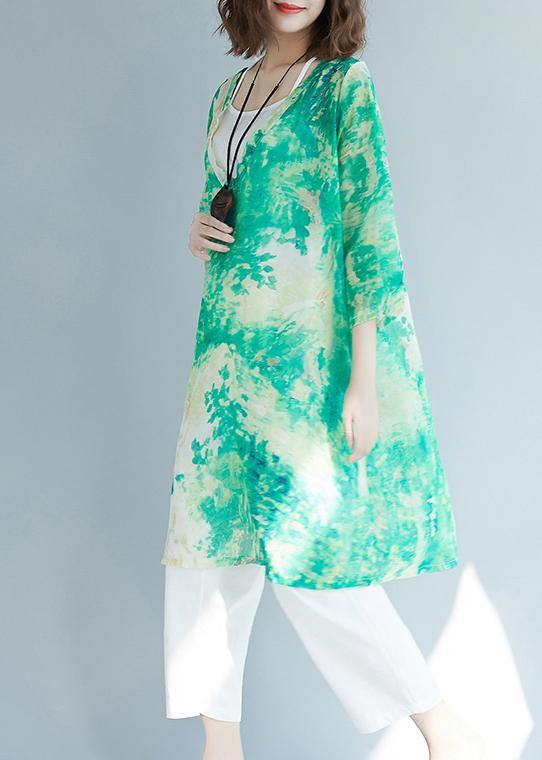 Organic Green Print Shirts V Neck Pockets  Blouses - SooLinen