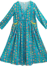 Organic Green Print dress V-Neck Spring Dress - SooLinen