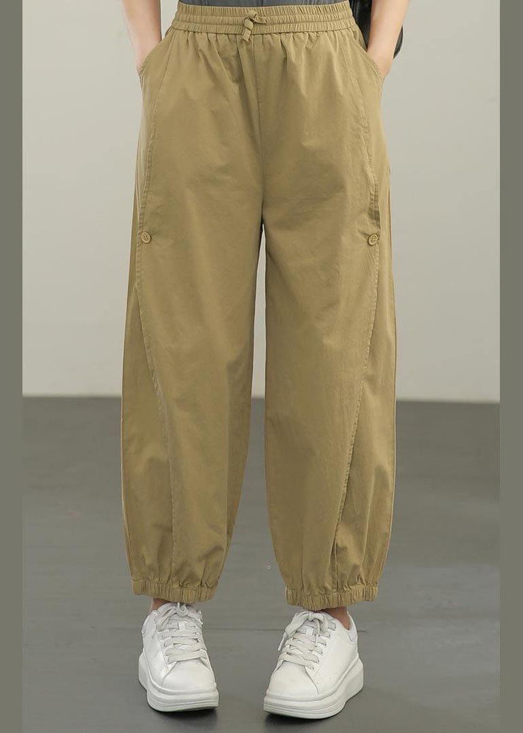 Organic Khaki High Waist Cargo  Pants Trousers Summer - SooLinen