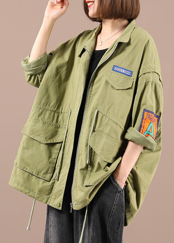 Organic Light Green Loose Zippered Pockets Fall Tie Waist Langarmmantel