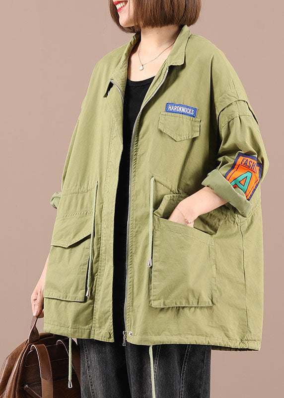 Organic Light Green Loose Zippered Pockets Fall Tie Waist Langarmmantel