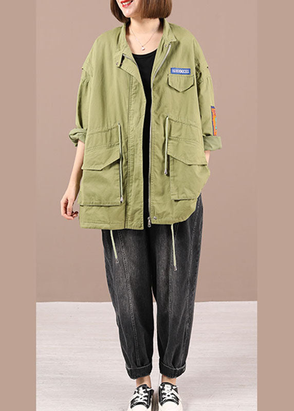 Organic Light Green Loose Zippered Pockets Fall Tie Waist Langarmmantel
