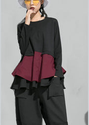 Organic Mulberry O-Neck Patchwork Rüschen Herbst Top Langarm