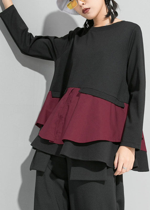 Organic Mulberry O-Neck Patchwork Rüschen Herbst Top Langarm
