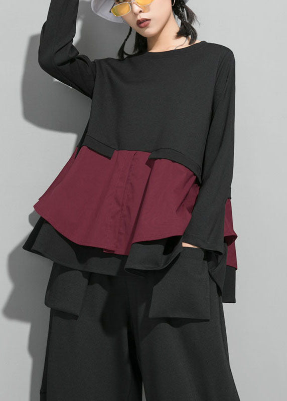 Organic Mulberry O-Neck Patchwork Rüschen Herbst Top Langarm