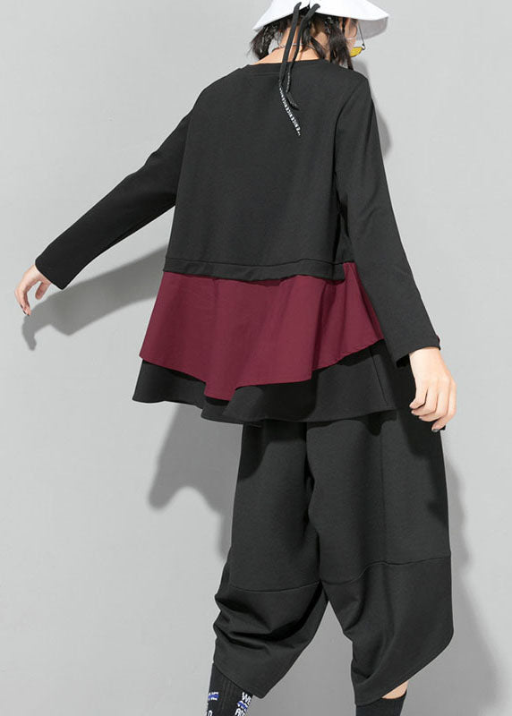 Organic Mulberry O-Neck Patchwork Rüschen Herbst Top Langarm