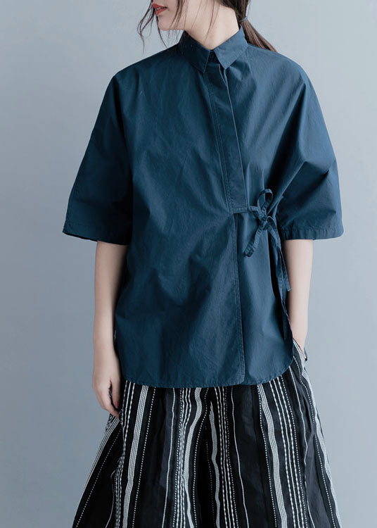 Organic Navy Cinched Solid Cotton Blusen mit halben Ärmeln