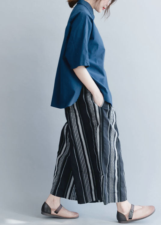 Organic Navy Cinched Solid Cotton Blusen mit halben Ärmeln