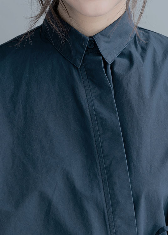Organic Navy Cinched Solid Cotton Blusen mit halben Ärmeln
